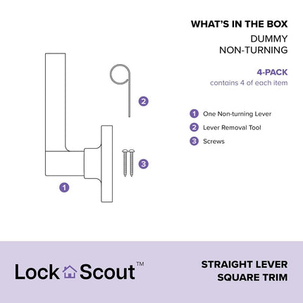 Lock Scout Straight Lever with Square Trim Dummy Door Handle, Satin Nickel Finish, 4 Pack