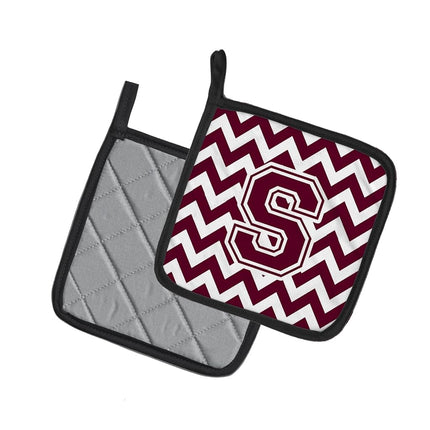 Caroline's Treasures Letter S Pair of Pot Holders CJ1051-SPTHD, Fabric, Chevron-White and Maroon
