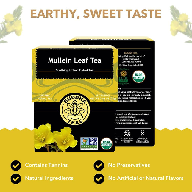 Organic Mullein Leaf Tea - Kosher, Caffeine-Free, GMO-Free - 18 Bleach-Free Tea Bags