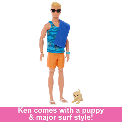 Ken Doll with Surfboard and Pet Puppy, Poseable Blonde Barbie Ken Beach Doll with Themed Accessories like Towel, HPT50