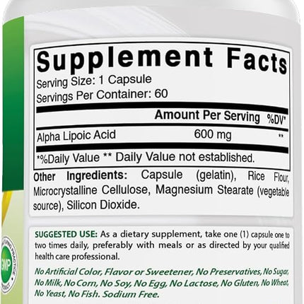 Best Naturals Alpha Lipoic Acid 600 mg 60 Capsules - ALA Powerful Antioxidant