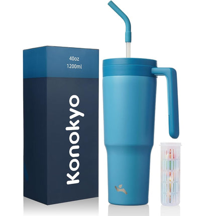 Vaso térmico Konokyo con asa y pajita, botella de agua de acero inoxidable al vacío de 40 oz, taza de viaje de metal con difusor de frutas, azul oscuro