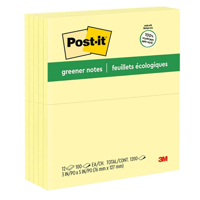 Post-it Greener Notes, 3 x 5 in, Canary Yellow, 12