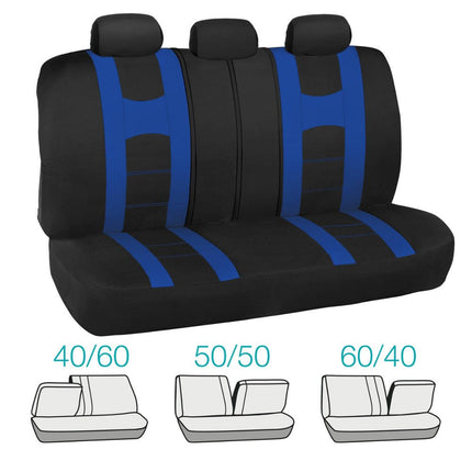 BDK Combo Sport Accent Fresh Design Matching All Protective Car Seat Covers (2 Front 1 Bench) with Heavy Protection Sleek Graphic Auto Carpet Floor Mats (4 Set) - Blue Accent