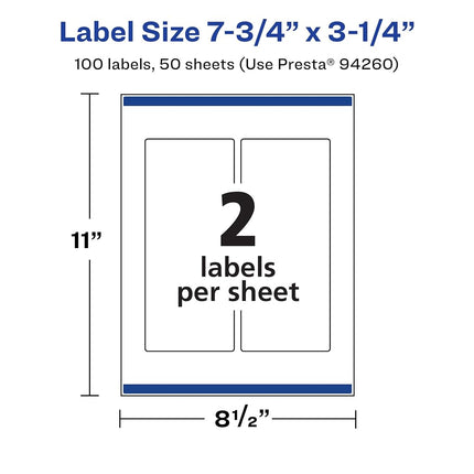 Avery Durable Waterproof Rectangle Labels with Sure Feed, 7.75" x 3.25", 100 Oil and Tear-Resistant Waterproof Labels, Print-to-The-Edge, Laser/Pigment-Based Inkjet Printable Labels