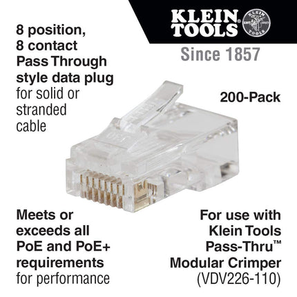 Klein Tools VDV826-763 Conectores de datos modulares pasantes, RJ45 CAT6, chapados en oro, conectores pasantes paquete de 200