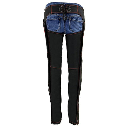 Milwaukee Leather SH1182 Women's Black with Red Textile Motorcycle Riding Chaps with Tribal Embroidery - X-Small