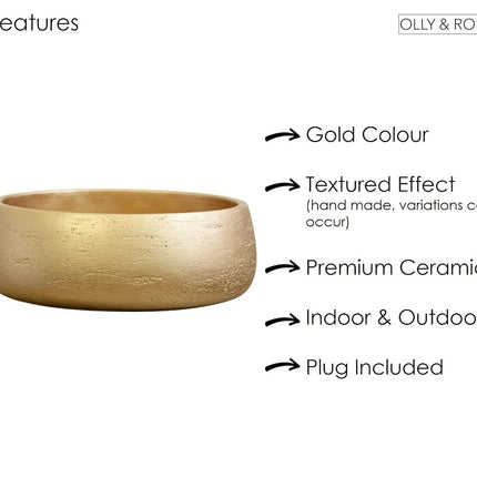 Olly & Rose Gold Home Decor Ceramic Planter Bowl - Shallow Indoor and Outdoor Plant Pot - Decorative Flower Pot and Garden Bowl (28.5cm)