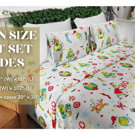 Franco Grinch by Dr. Seuss Holiday & Christmas Bedding Super Soft Flannel Sheet Set, Queen, (Official Dr. Seuss Product)
