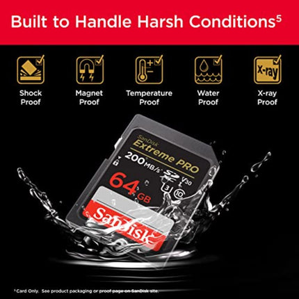 SanDisk 64GB Extreme PRO SDXC card, SD Card, V30 Memory Card, 4K UHD, up to 200 MB/s, SanDisk QuickFlow Technology, RescuePro Deluxe Data Recovery Software, UHS-I, Class 10, U3, V30