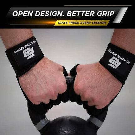 Guantes de levantamiento de pesas Fit Active Sports nuevos, ventilados, con muñequeras incorporadas, protección total de la palma y agarre extra. Empuñaduras para dominadas, entrenamiento cruzado, fitness y levantamiento de pesas. Hombres y mujeres.