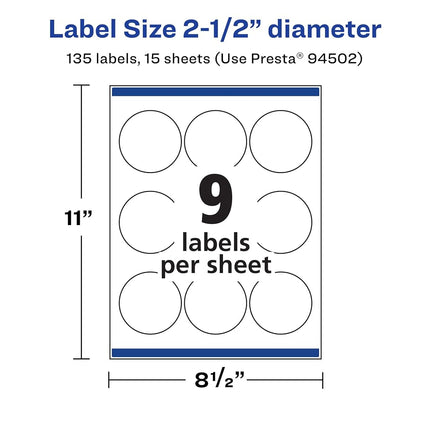 Avery Matte White Removable Round Labels with Sure Feed Technology, Print-to-The-Edge, 2.5" Diameter, 135 Removable Labels, Laser/Inkjet Printable Labels