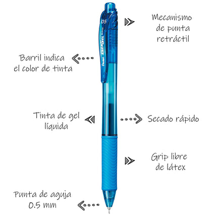 Pentel EnerGel-X Retractable Liquid Gel Pen (0.5mm) Needle Tip, Fine Line, Sky Blue Ink, Box of 12 (BLN105-S)