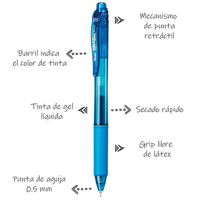 Stylo-roller à encre gel liquide rétractable Pentel EnerGel-X (0,5 mm), pointe aiguille, trait fin, encre bleu ciel, boîte de 12 (BLN105-S)