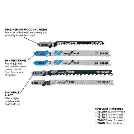 Bosch T500 5-Piece T-Shank Jig Saw Blade Set for Wood and Metal