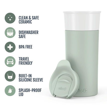 Ello Ogden 16oz Ceramic Travel Mug with Splash-Resistant Slider Lid and Protective Silicone Sleeve, Perfect for Coffee or Tea, BPA-Free, Dishwasher Safe, Honeydew