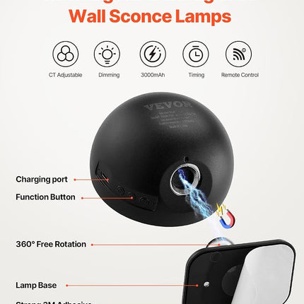 VEVOR 2PCS LED Wall Sconces, Rechargeable Battery Operated Wall Sconces Lamps with Remote Control, 360� Rotation Dimmable Wireless Wall Lights with Adjustable Color Temps, Brightness & 4-Level Timer