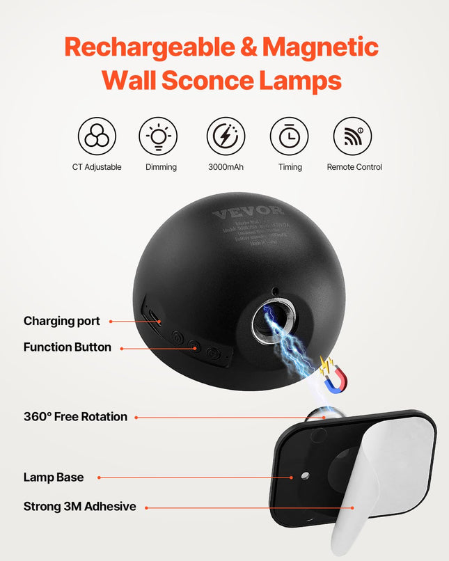 VEVOR 2PCS LED Wall Sconces, Rechargeable Battery Operated Wall Sconces Lamps with Remote Control, 360� Rotation Dimmable Wireless Wall Lights with Adjustable Color Temps, Brightness & 4-Level Timer