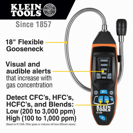 Refrigerant Gas Detector, Detects Gas Leaks in the Presence of CFC's, HFC's, HCFC's and Blends as Low as 100 PPM Klein Tools ET160