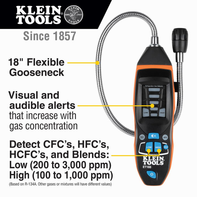 Refrigerant Gas Detector, Detects Gas Leaks in the Presence of CFC's, HFC's, HCFC's and Blends as Low as 100 PPM Klein Tools ET160
