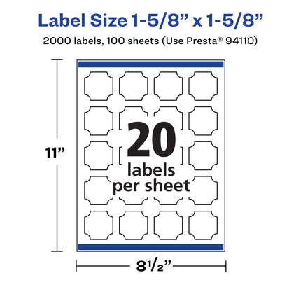 Avery Matte White Removable Square Scalloped Labels with Sure Feed Technology, Print-to-The-Edge, 1-5/8" x 1-5/8", 2,000 Removable Labels, Laser/Inkjet Printable Labels