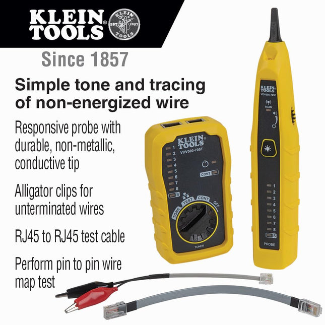 Klein Tools VDV500-705 Kit de generador de tonos y sonda, rastreador y probador de cables con sonda. Incluye pinzas de cocodrilo y enchufe RJ11 / RJ12 / RJ45