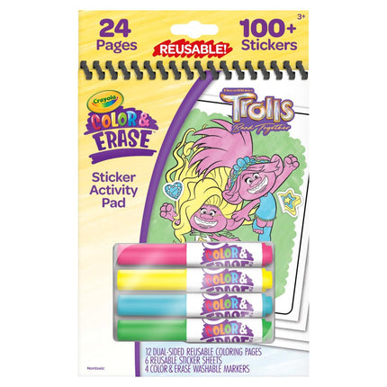 CRAYOLA Trolls Color & Erase Sticker Activity Pad, 12 páginas reutilizables para colorear de Trolls y 100 calcomanías, regalo