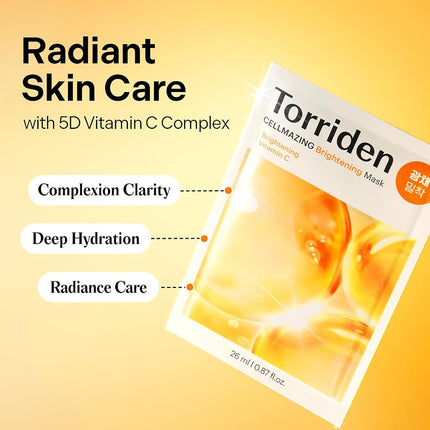Torriden CELLMAZING Vita C Facial Mask (10 Sheets) | 5D Vitamin C, Niacinamide | Glow Boosting & Skin Tone Evening | For Dull & Tired Skin | Vegan | Korean Skincare | Facial Mask