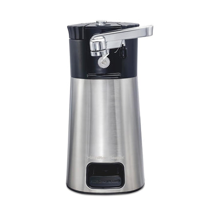 Abrelatas eléctrico automático Hamilton Beach OpenStation para cocina con multiherramienta y abridor de botellas y frascos, apagado automático, almacenamiento de cable y tecnología Sure Cut, acero inoxidable (76382FJ)
