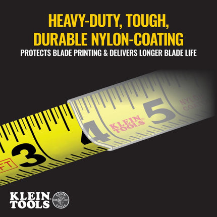 Klein Tools 9125 Tape Measure, Heavy-Duty Measuring Tape with 25-Foot Single-Hook Nylon Reinforced Blade, With Metal Belt Clip