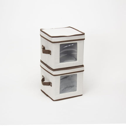 Household Essentials 532 Dinnerware Storage Box with Lid and Handles | Storage Bin for Dessert Plates or Bowls Natural Canvas with Brown Trim