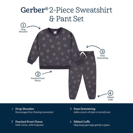 Gerber Baby Boys Toddler 2-piece Fleece Sweatshirt and Jogger Set, Charcoal Smiley, 5T