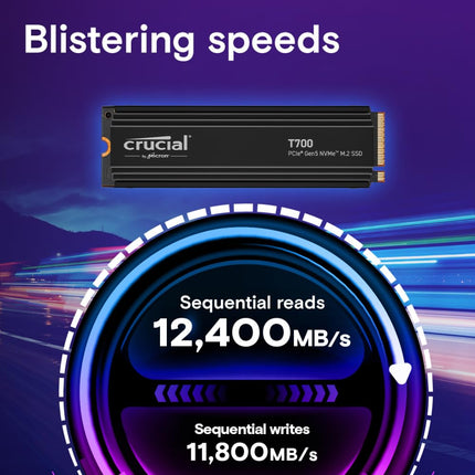 Crucial T700 2TB SSD PCIe Gen5 NVMe M.2 Internal Gaming SSD with Premium Heatsink, Up to 12,400MB/s, Microsoft DirectStorage, PCIe 4.0 Backwards Compatible, Solid State Drive - CT2000T700SSD5