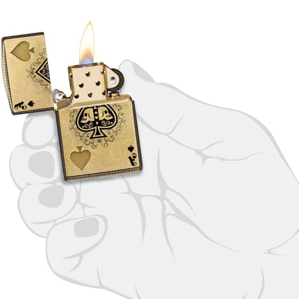 Zippo Windproof Lighter - Ace of Spades Design, 540° Tumbled Brass, Lustre/Fusion - Refillable - Reusable - Windproof Design - Gift Box - Made in USA