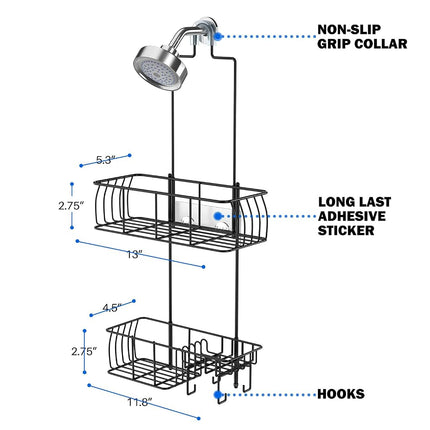 Epicano Anti-Swing Hanging Shower Caddy, Over Head Shower Caddy Rustproof with Hooks for Towels, Sponge and More, Metal Black
