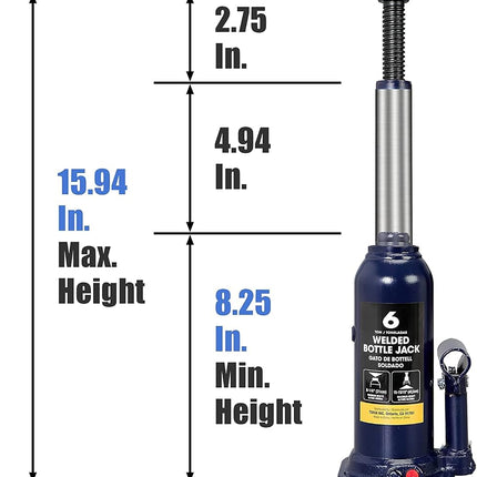 BIG RED AT90603UR Torin Welded Hydraulic Car Bottle Jack for Auto Repair and House Lift, 6 Ton (12,000 lb), Blue