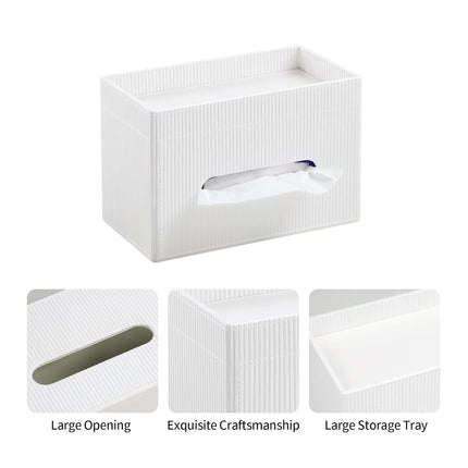 Cretkhp Rectangular Tissue Box Cover with Storage Tray, PU Leather Tissue Box Holder for Bathroom Vanity Countertop Night Stands Bedroom Office Desk, Stylish Tissue Holder Decorative Organizer (White)