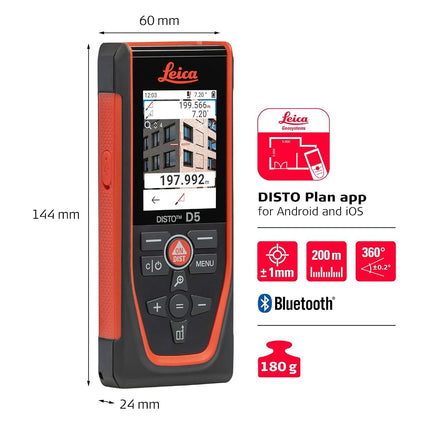 Leica DISTO D5 - Professional Laser Rangefinder with Bluetooth (App Use), Target Finder (Indoor and Outdoor) and Tilt Sensor for Height Tracking, Profile and Angle Measurement