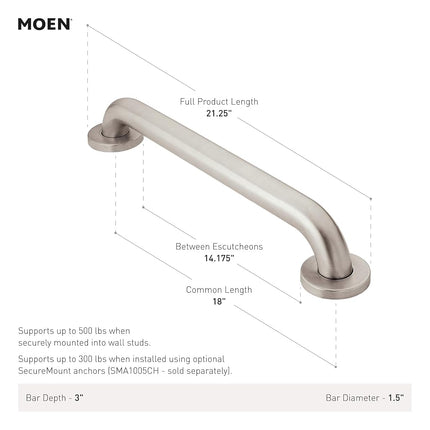 Moen Home Care Bathroom Safety 18 Inch Stainless Steel Handicap Grab Bar for Bathtub and Shower, Elderly Assistance Product with Concealed Screws, Polished Brass, R8918