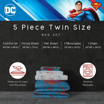 Franco Comforter and Sheet Set with Sham, Microfiber, Superman, 5 Piece Twin Size