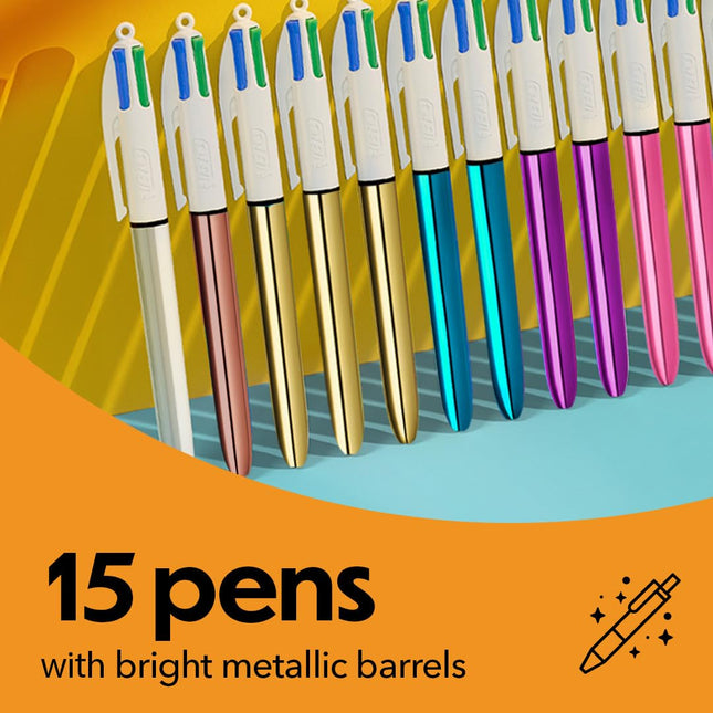 Juego de edición limitada BIC 4 Colores Rainbow Shine, caja de 15 bolígrafos, bolígrafos retráctiles, punto mediano (1.0 mm) ¡Empieza tu colección de 4 colores ahora!