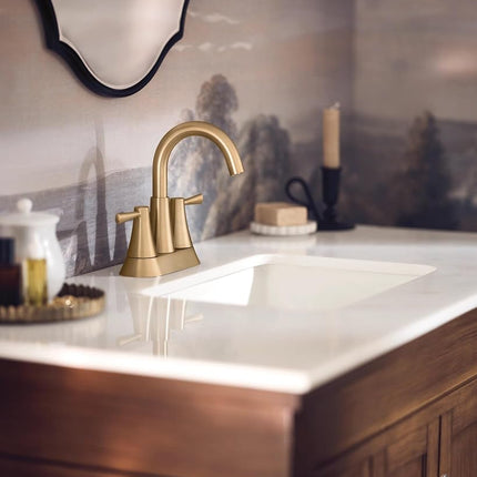 Moen Ronan Bronzed Gold Two-Handle 4" Centerset Modern Bathroom Faucet with Push-Down Drain, 84022BZG