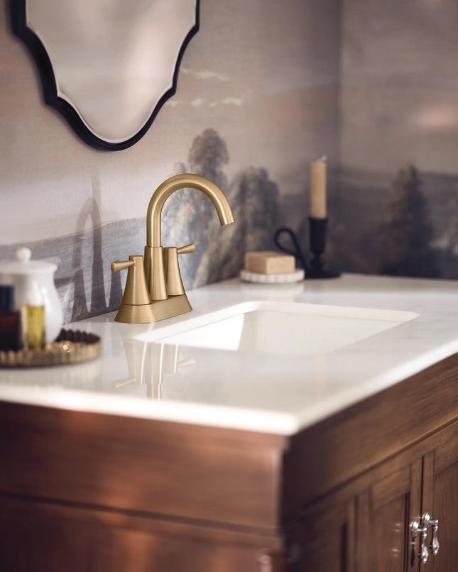 Moen Ronan Bronzed Gold Two-Handle 4" Centerset Modern Bathroom Faucet with Push-Down Drain, 84022BZG
