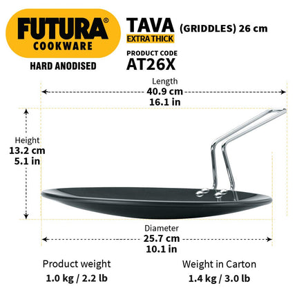 Futura Hard Anodised Concave Tava Griddle, 10-Inch, 6.35mm with Steel Handle
