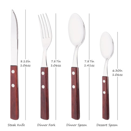 Uniturcky Wooden Handle Flatware Set, Knives Forks Spoons Set for 6, 24-Piece 304 Stainless Steel Kitchen Utensils Set, Silverware Set with Wood Handles, Red Wood with Rivet & Retro Style Cutlery