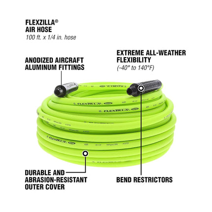 Flexzilla Air Hose, 1/4 in. x 100'., 1/4 in. MNPT Fittings, Heavy Duty, Lightweight, Hybrid, Zillagreen - HFZ14100YW2