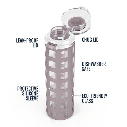 Ello Syndicate 20oz Glass Water Bottle with Flip Lid and Sleeve, Mauvewood