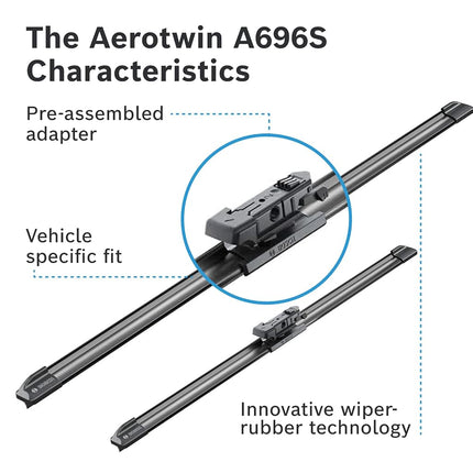 Bosch Aerotwin A696S - Front Windscreen Wipers - Set of 2 Replacement Blades - Comes with Pre-assembled Adapter - 2 Blades, 550 mm / 450 mm - Only for Left-Hand Drive (EU)