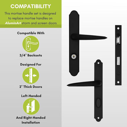 Ideal Security MSMB Straight Mortise Lock Set with Lever Handle for Storm Doors and Screen Doors, Replacement Handle for AluminArt Storm Doors, Matte Black