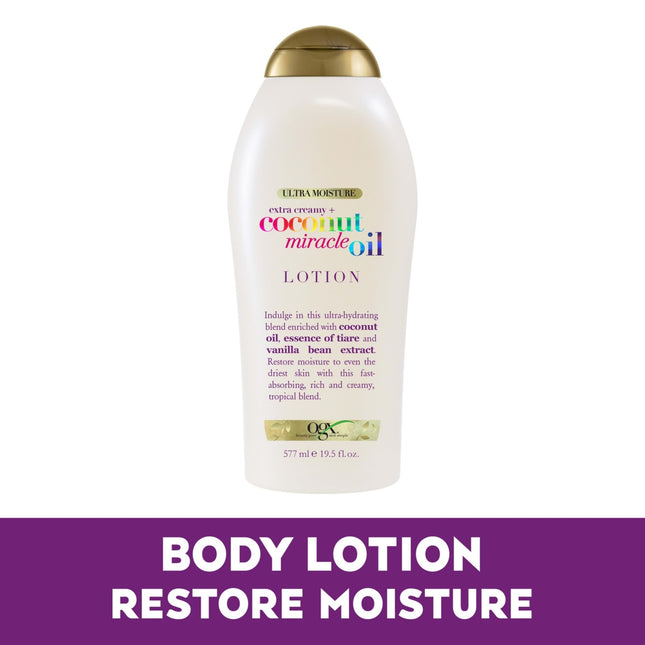 OGX Loción corporal extra cremosa + aceite de coco Miracle Oil ultra hidratante con vainilla, loción corporal de rápida absorción para todo tipo de piel, sin parabenos ni tensioactivos sulfatados, 19.5 onzas
